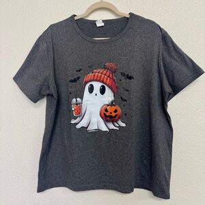 Halloween Bougie Ghost Coffee Beanie Cute Short‎ Sleeve Gray Tee Size 2XL Womens